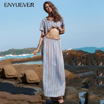 

Enyuever 2019 Two Piece Set Womens Sets Summer Beach Bohemian Striped Ruffle Loose Vestido Casual Party Crop Top And Skirt Set