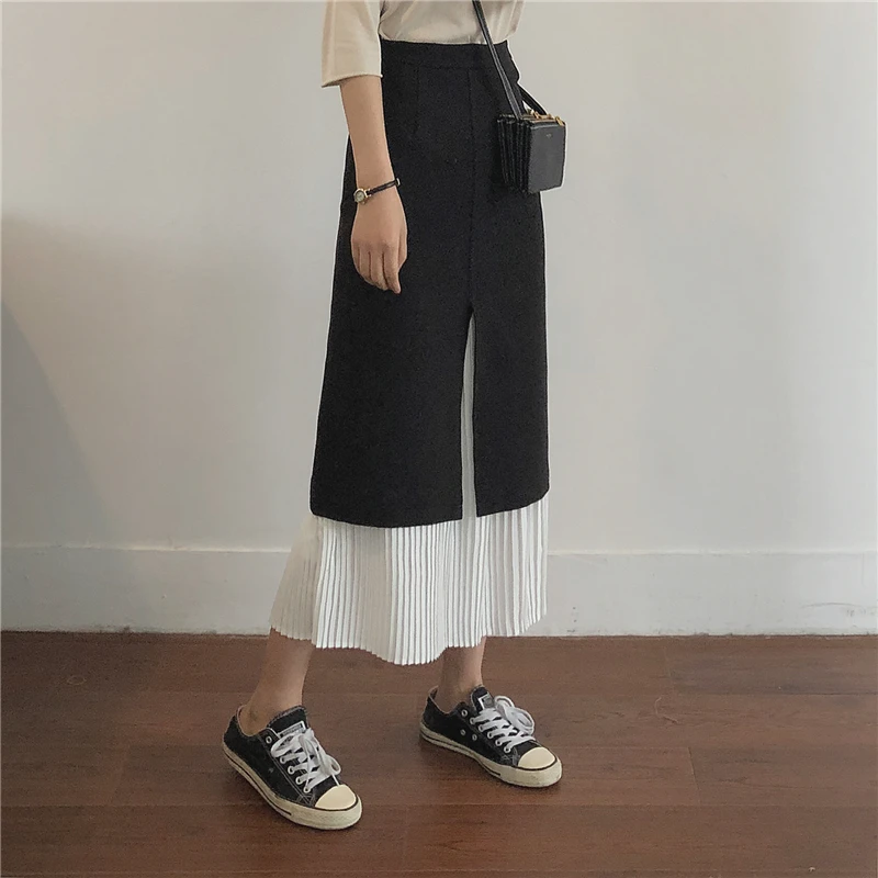 

2019 Autumn women skirt casual solid color stitching high waist Splicing skirt