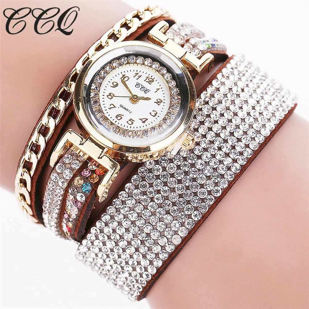 CCQ модные кожаные часы-браслет женские наручные часы со стразами женские роскошные кварцевые часы подарок Relogio Feminino