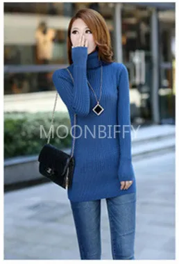 Новинка, кашемировое платье с круглым вырезом, длинное платье-свитер, вязаный свитер, Однотонный свитер - Цвет: Denim blue B