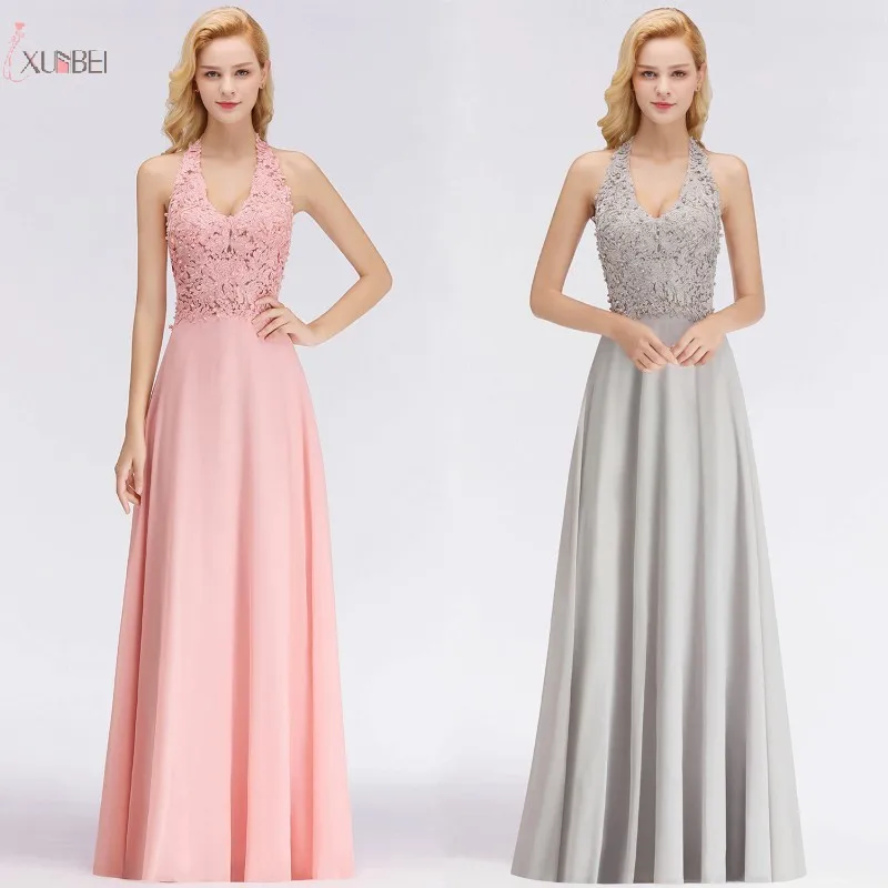 

2019 Pink Silver Chiffon Long Bridesmaid Dresses Applique Pearl Wedding Party Dress Guest robe demoiselle d'honneur