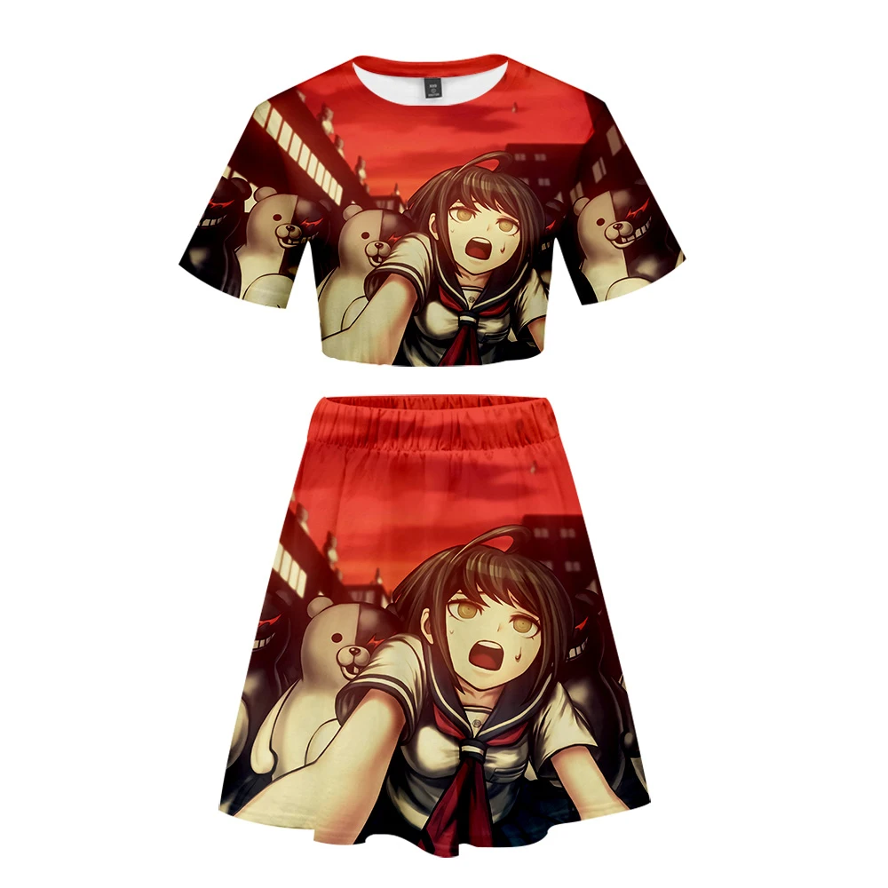 

Janpan 3D 2019 Danganronpa monokuma Fashion Short Women's Loose Soft Sets Casual Short Skirts + navel T-shirt Sexy