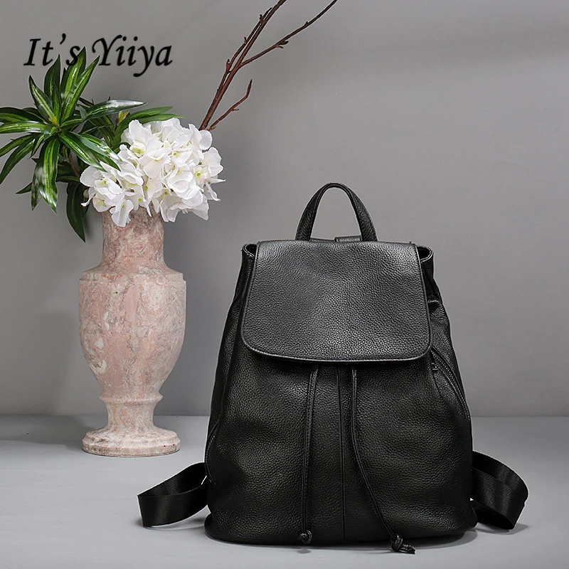 It's Yiiya Black Genuine Leather Women Backpack Simple European Style