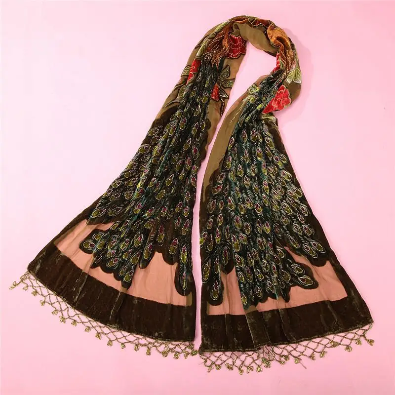 Цветок большой размеры бархат Шелковый шарф хиджаб для женщин девушка элегантный шаль печати Классическая упаковка глушитель Femme теплые Mujere Bufanda - Цвет: Зеленый