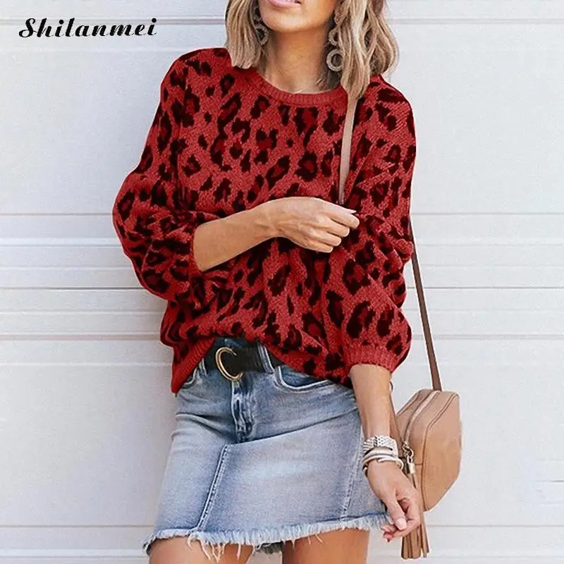 

2019 Autumn Women Sweater Leopard Print Knitted Pullover Long Sleeve Causal Loose Jumper Ladies Daliy Sweater Pullovers Female