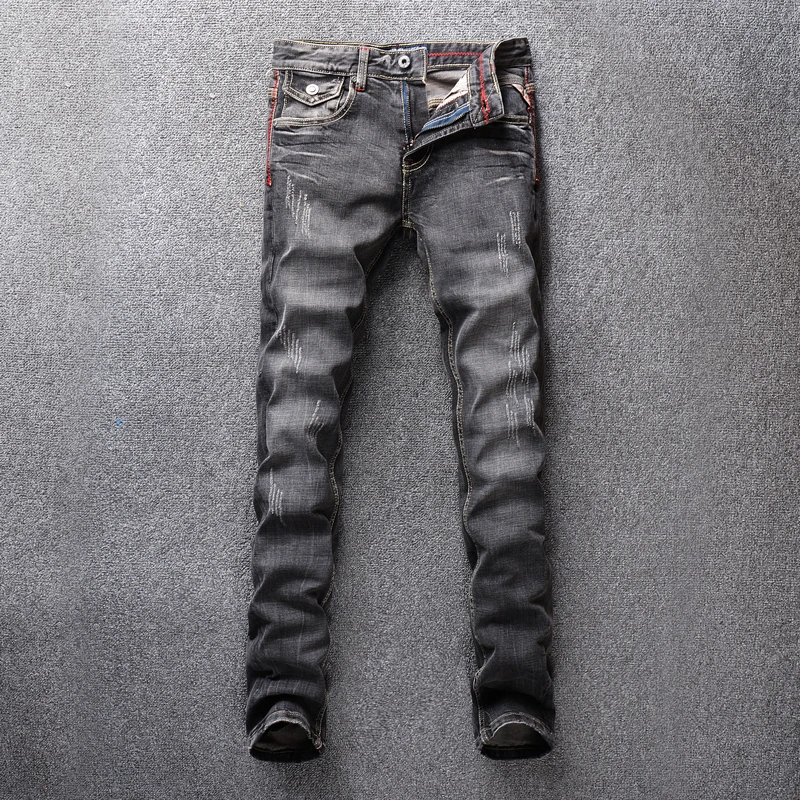 

Italian Vintage Designer Men Jeans Slim Fit Retro Black Gray Color Ripped Jeans Men Classical Pants Streetwear Hip Hop Jeans