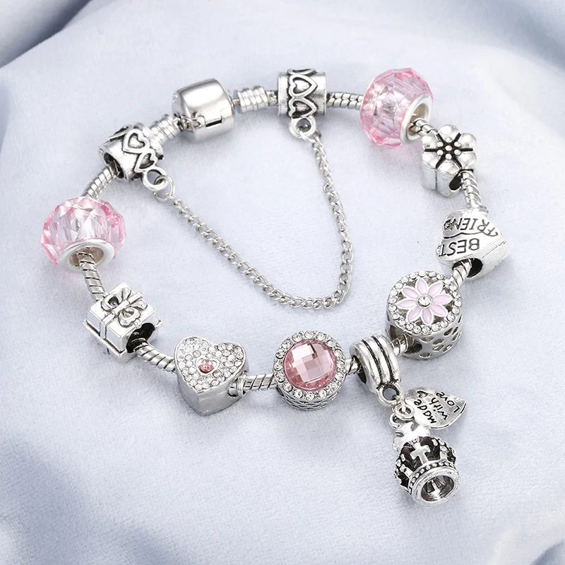 

Charm Women Crystal Bracelet Queen Crown Pendant Lipstick Fish Beads Bracelets&Bangles Fashion DIY Jewelry Friend Gift pulseras