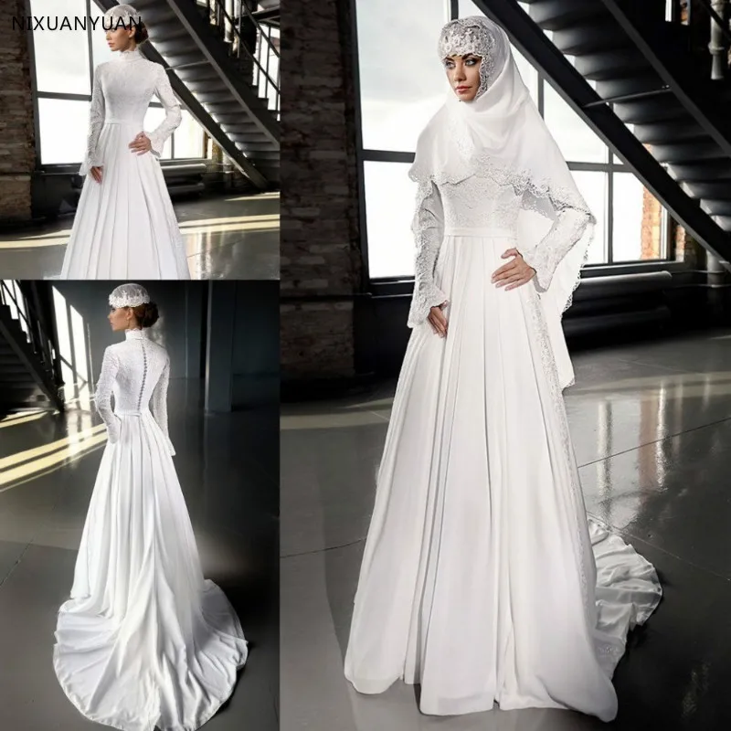 Новое поступление белый цвет слоновой кости мусульманский с высокой шеей хиджаб вечерние свадебные платья трапециевидная шифоновая с длинными рукавами Пуговицы Свадебные платья