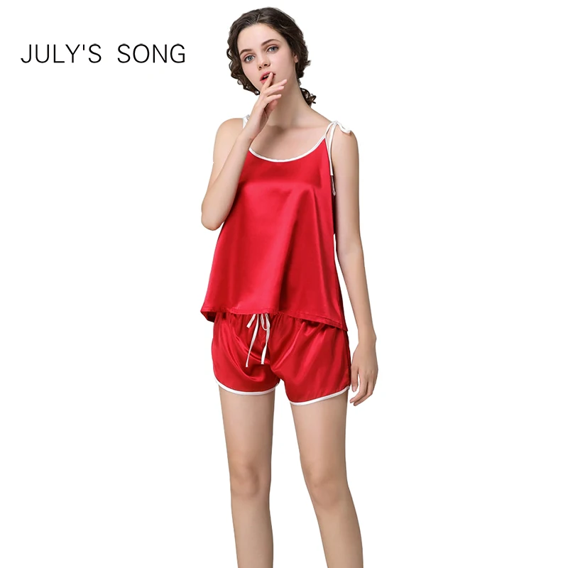 

JULY'S SONG Women Faux Silk Sleepwear Pajama Set Sleeveless Pyjamas Nightwear Sling And Shorts Sleepwear Night Clothes Homewear