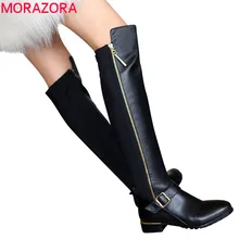 Plus size 34-42 Hot sale pu+genuine leather boots buckle zipper square heel autumn winter knee high boots fashion ladies shoes