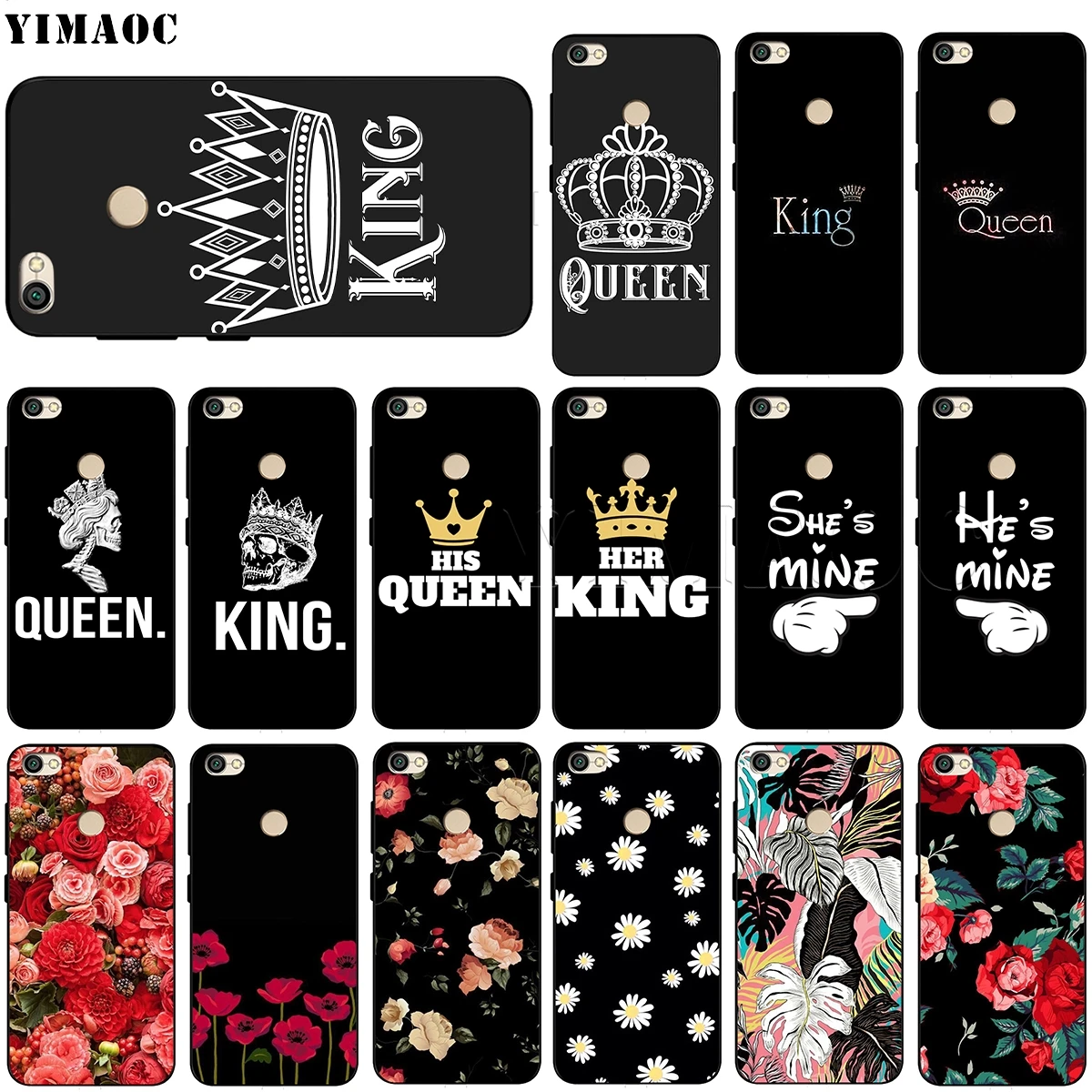 

YIMAOC King Queen Couple Lovers Silicone Case for Xiaomi Redmi Note 4 4x 4a 5 5a 6 8 Pro Prime Plus