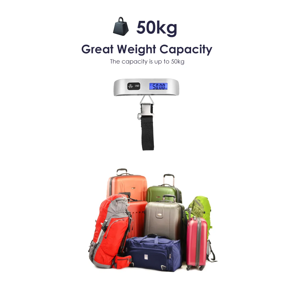 Мини-цифровые весы для багажа, Ручные Электронные весы с ЖК-дисплеем, электронные подвесные весы, термометр, емкость 50 кг, весовое устройство