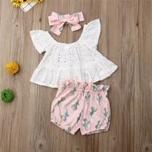 Летняя одежда для маленьких девочек пуловер с вырезом лодочкой, кружевные топы с короткими рукавами, шорты с принтом кактуса повязка на голову с бантом, комплект детской одежды из 2 предметов