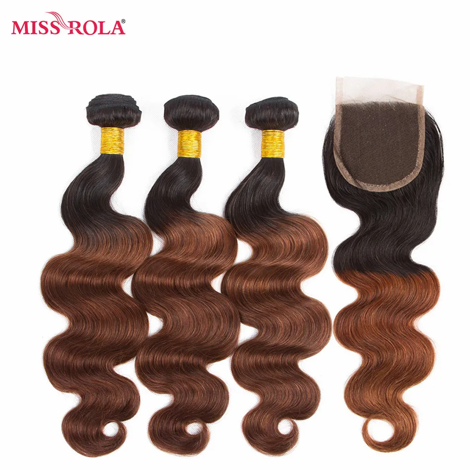 Мисс Рола перуанские вьющиеся волосы 3 Связки с закрытием# T1B/33 Цвет человеческих волос-Волосы remy волос для наращивания