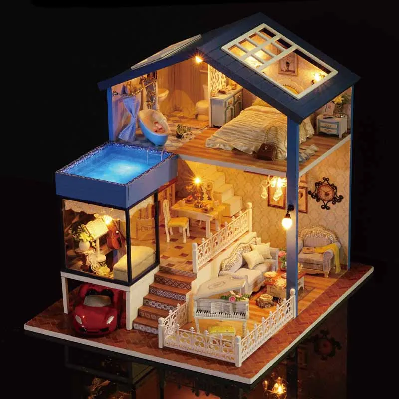 

Elagant DIY Miniature Model Dollhouse With Furniture LED 3D Wooden House Handmade Toys Birthday Gifts For Kids A061 #D