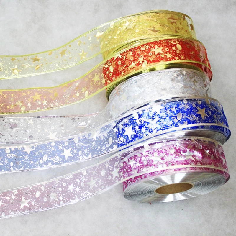 

1Roll L90mxW5cm Christmas Decorations Five-pointed Star Musical Note Pattern Color Ribbon Christmas Tree Ornaments Xmas Supplies