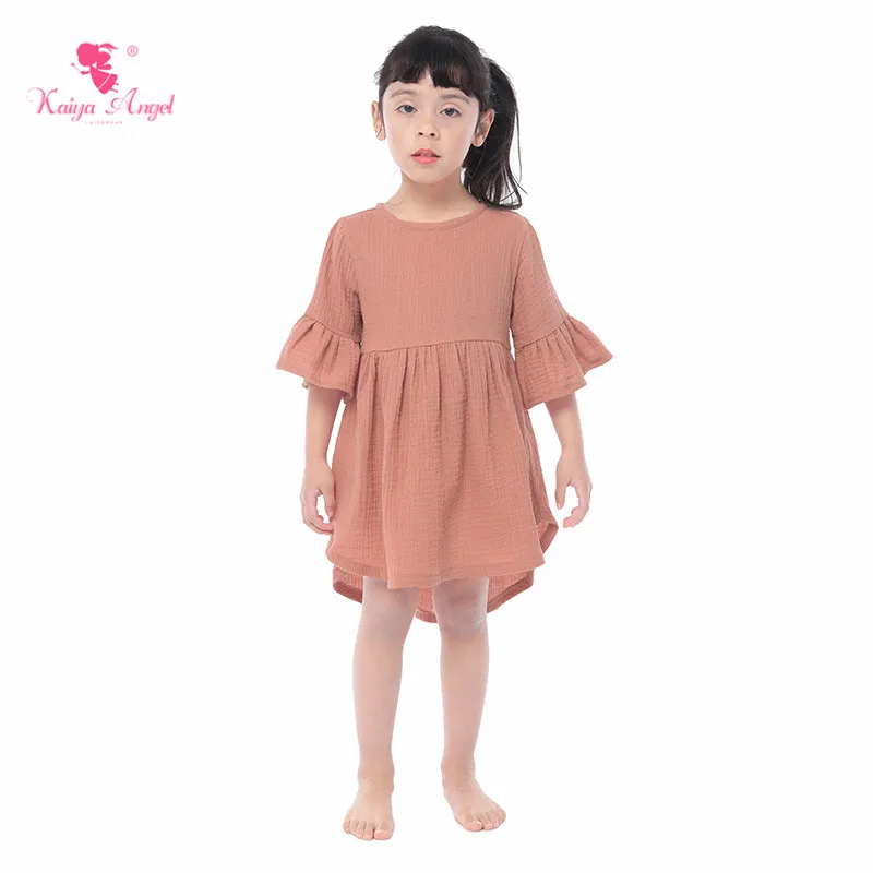 

Kaiya Angel 2019 New Baby Girl Dress Cotton Solid Summer Toddlers Irregular Ruched Loose Daily Wear Factory Wholesale 5pcs/lot