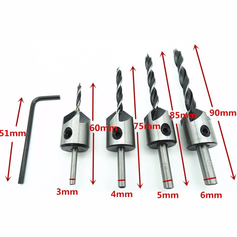4 шт. HSS 5 Флейта Зенковка сверла набор столярных сверл деревообрабатывающий фаски фрезерный инструмент для дерева 3 мм-6 мм ZK74