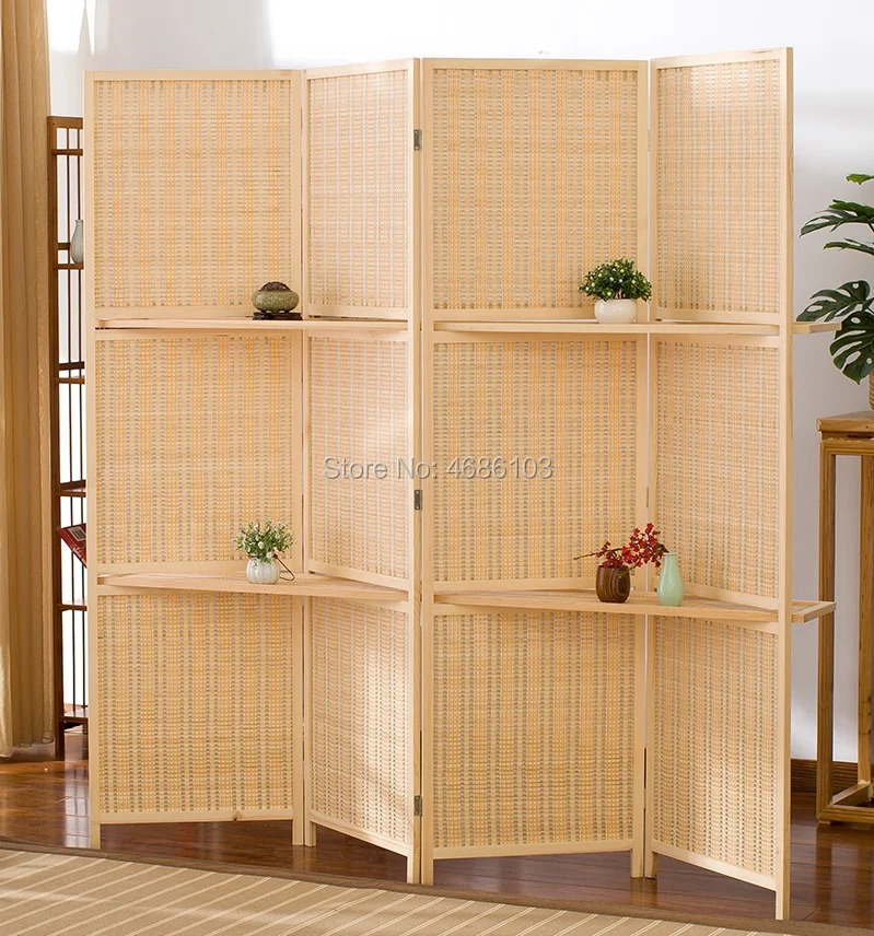 Pastoral Style Bamboo Wood Screens 4pcs Wood Dividers Bamboo Folding