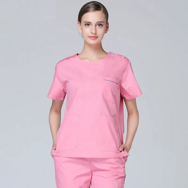 

2019 New arrival hospital high quality women pink scub suits round collar short sleeve medical surgical scub clothes with pants