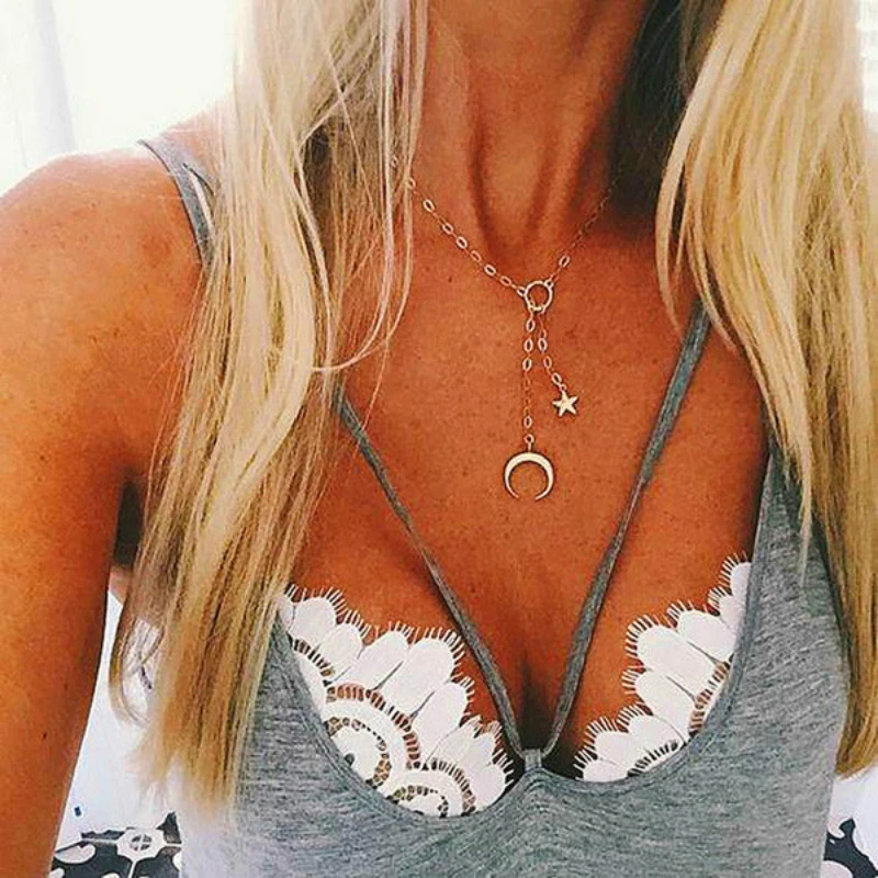 

New Fashion Necklace Women's New Moon Pentagram Necklace Personality Golden Necklace Jewelry Wholesale And Foreign Trade
