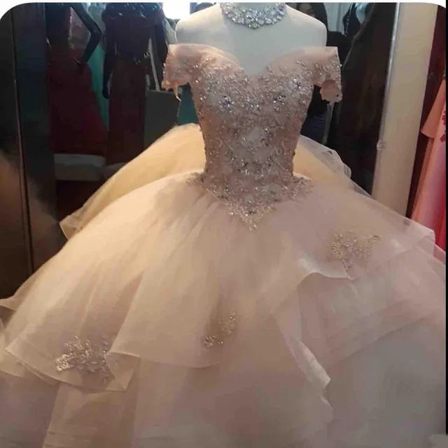 Розовые платья Quinceanera с открытыми плечами кружево кристаллами Принцесса бальное платье для выпускного вечера сладкий 16 платья женщин Vestidos De 15 Anos