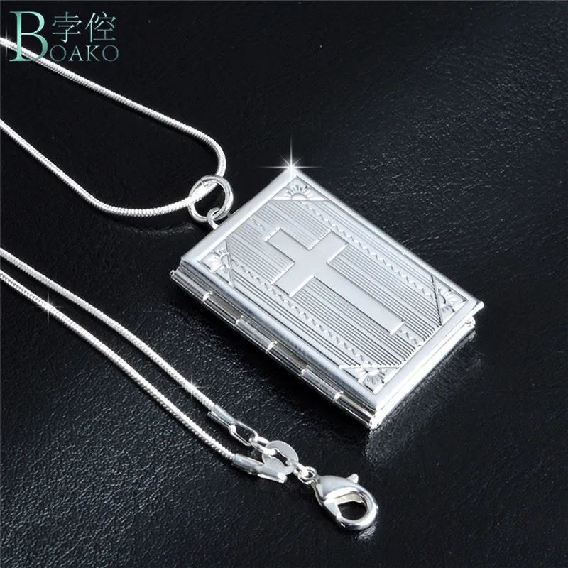 

BOAKO Vintage Silver Gold color Cross Pattern Carved Square Locket Picture Memento Necklace Mother's Day Gift Photo Box Frame
