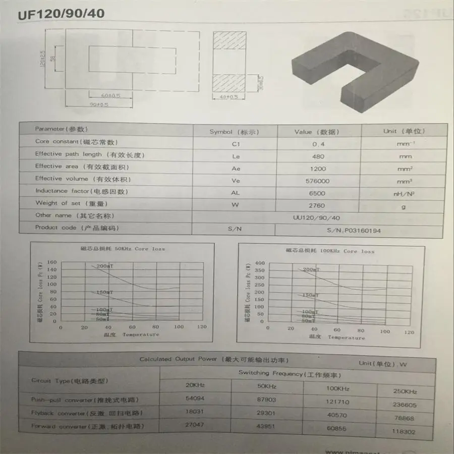 UF120X90X40 или UU120/90/40 UU силовой трансформатор в форме сердечника ферритовый