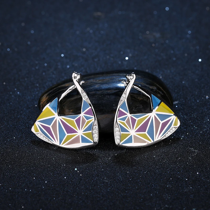 Personalities Earrings For Women Real 925 Sterling Silver Colourful Geometric shape pattern Enamel Drop Earrings Party Jewelry