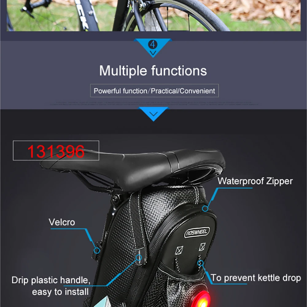 Flash Deal ROSWHEEL Bicycle Bag Rainproof Saddle Bag Outdoor Cycling Mountain Bike Back Seat Tail Pouch Maintenance Tool Bags with Tailligh 8