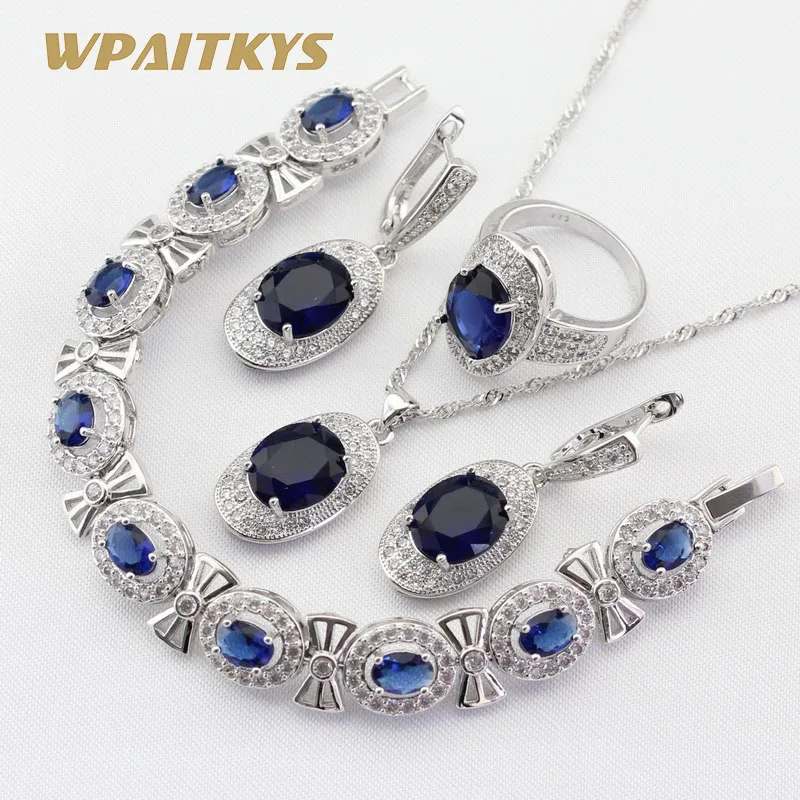 

4pcs Women Silver Color Jewelry Sets Blue Crystal White Necklace Pendant Earrings Ring Bracelet Free Gift Box WPAITKYS
