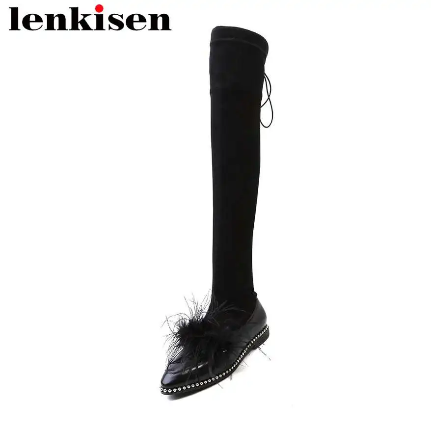 feather thigh high boots