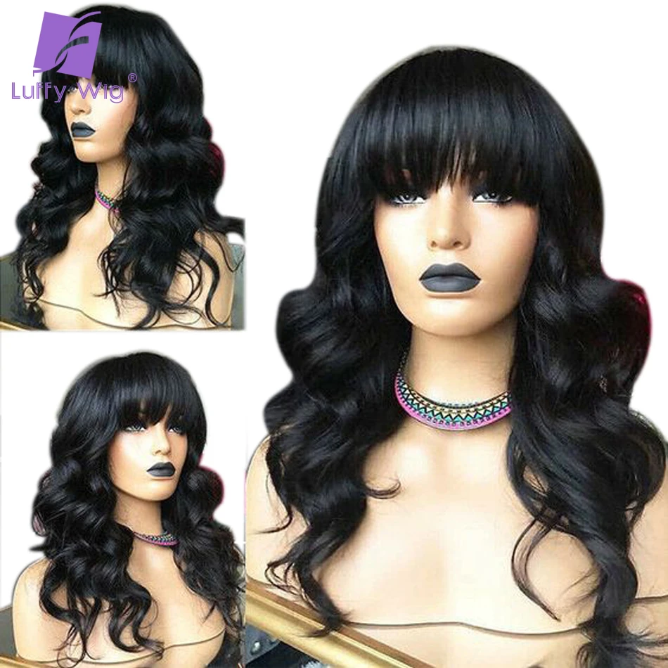 

Human Hair Wigs With Bangs Wavy Brazilian 13x6 Lace Front Wig Bleached Knots Pre Plucked Natural Black For Women Remy Luffy