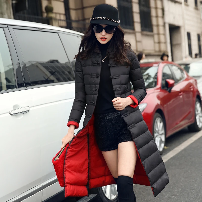2017 Light Chinese Style Down Jacket Women Long Puffer Coat Plus Size Winter Duck Brand Stand