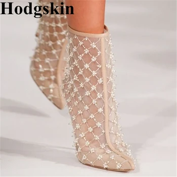 

Elegant Beige Lace Hollow Air Mesh Pointed Toe Women's Boots Thin High Heels Zipper Summer Ankle Boots Female Party Dress Pumps