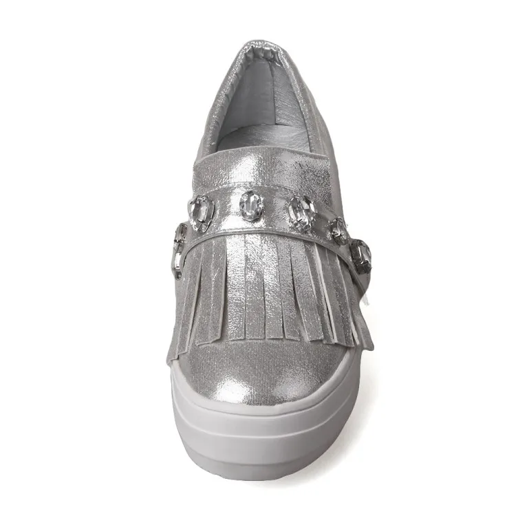 2018 NEW Women Easy White Silver Shoes PU Leather Flats Slip On Loafers Crystal Tassel  Female Light Sneakers Women Size 31-43 (17)