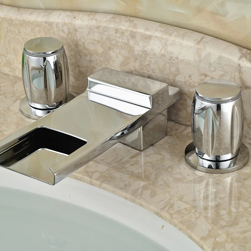 

Chrome Long Spout Deck Mounted Bathroom Sink Basin Faucet Taps Dual Handles