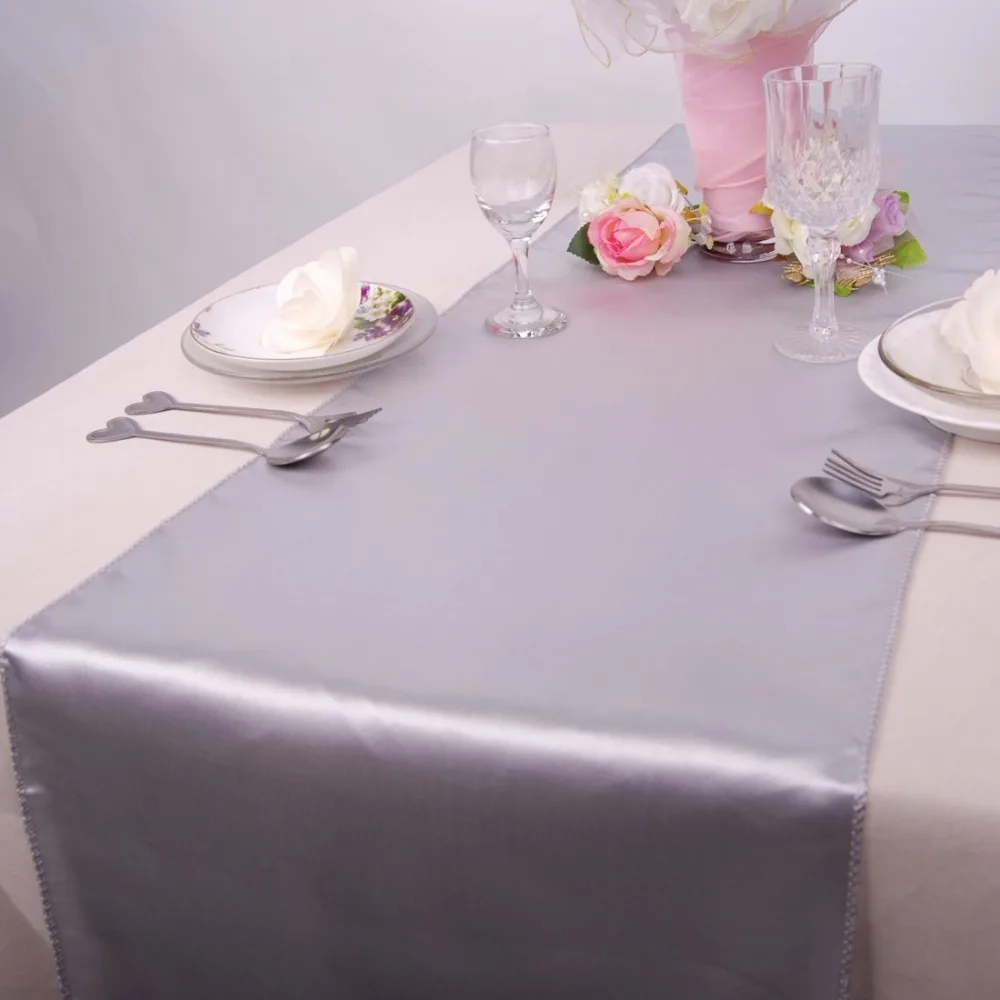 

20 pieces Silver Color Satin Table Runner 12inch x 108inch (30cm x 275cm) 20 Colors Wedding Party Hotel Home Decoration