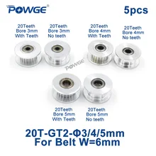 POWGE 2GT 20 зубьев синхронный шкив Натяжное колесо диаметр 3 мм 4 мм 5 мм с подшипником для GT2 зубчатый ремень Ширина 6 мм 20 зубьев 20 т 5 шт