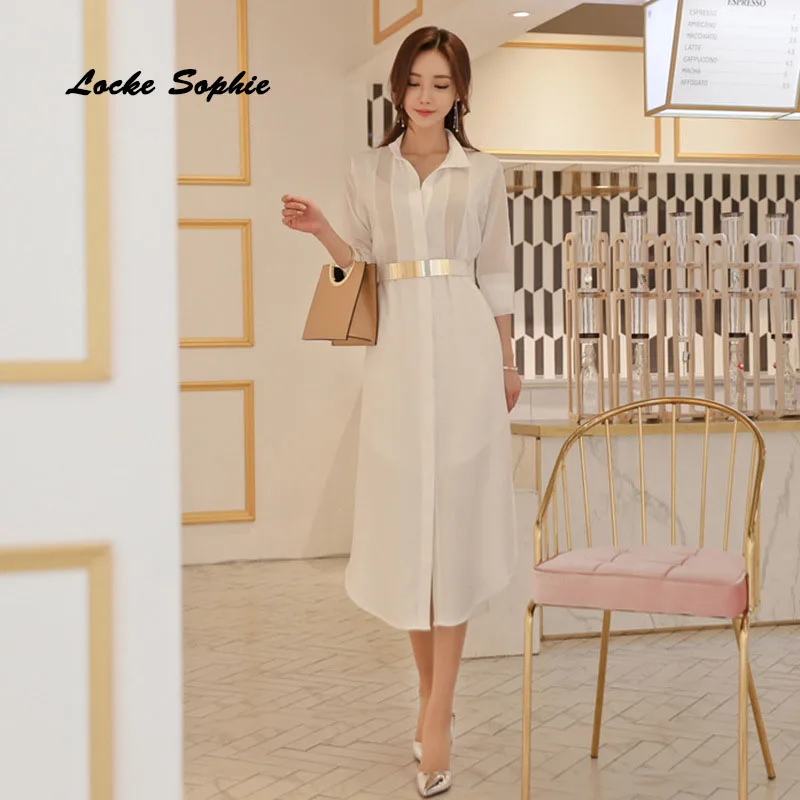 

High waist Ladies Plus size party shirts dresses 2019 Summer Fashion Chiffon single-breasted Dress women Skinny shirts Dress