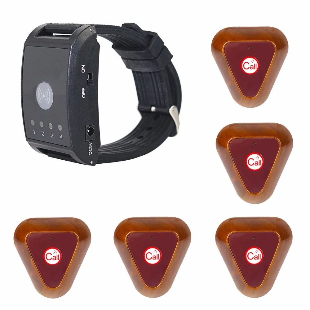 

Restaurant Pager Wireless Paging Calling System 433MHz 4 Channel 1 Watch Pager+5 Call Button Equipment F4411A