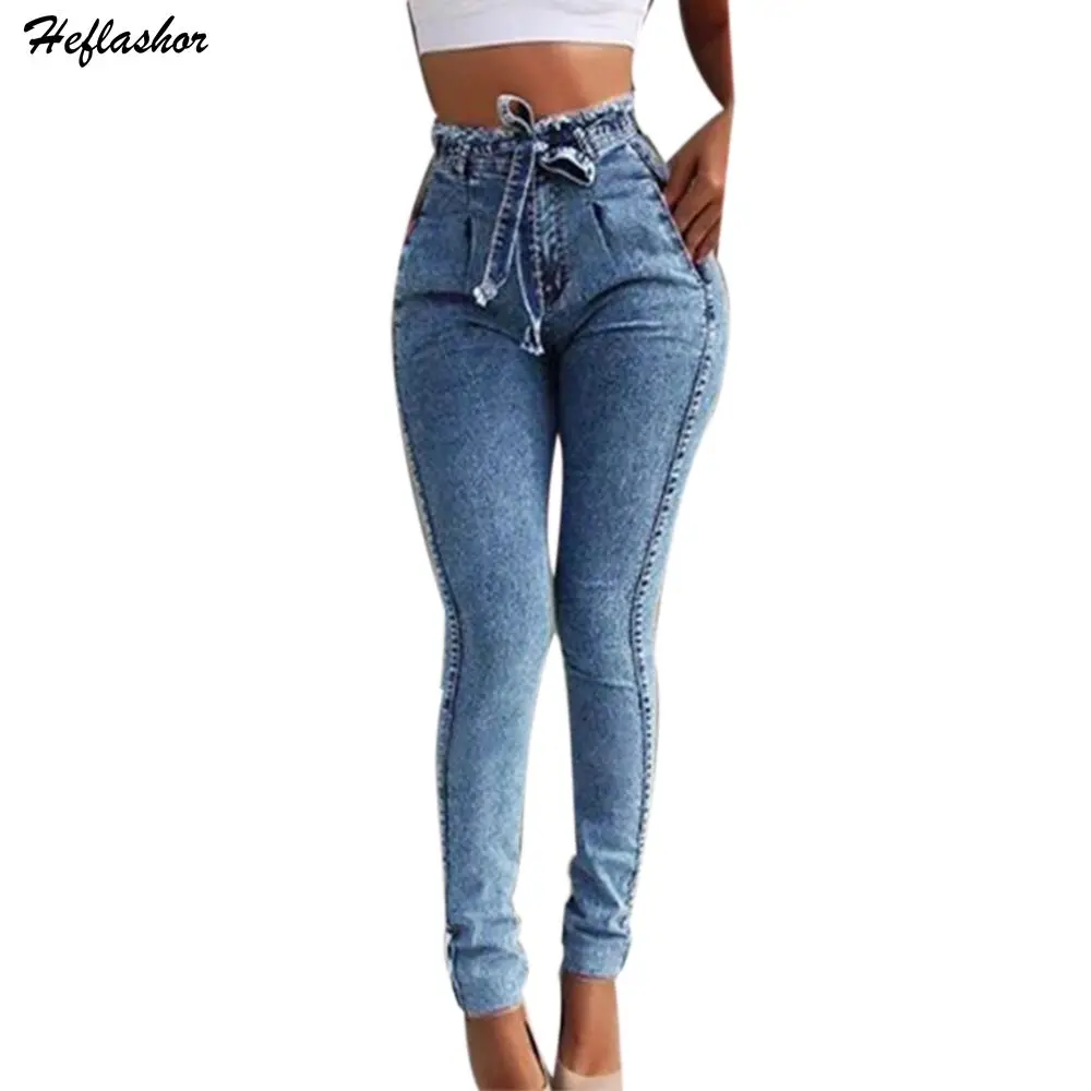 Heflashor Летние повседневные джинсовые брюки с высокой талией женские эластичные однотонные узкие брюки для женщин размера плюс
