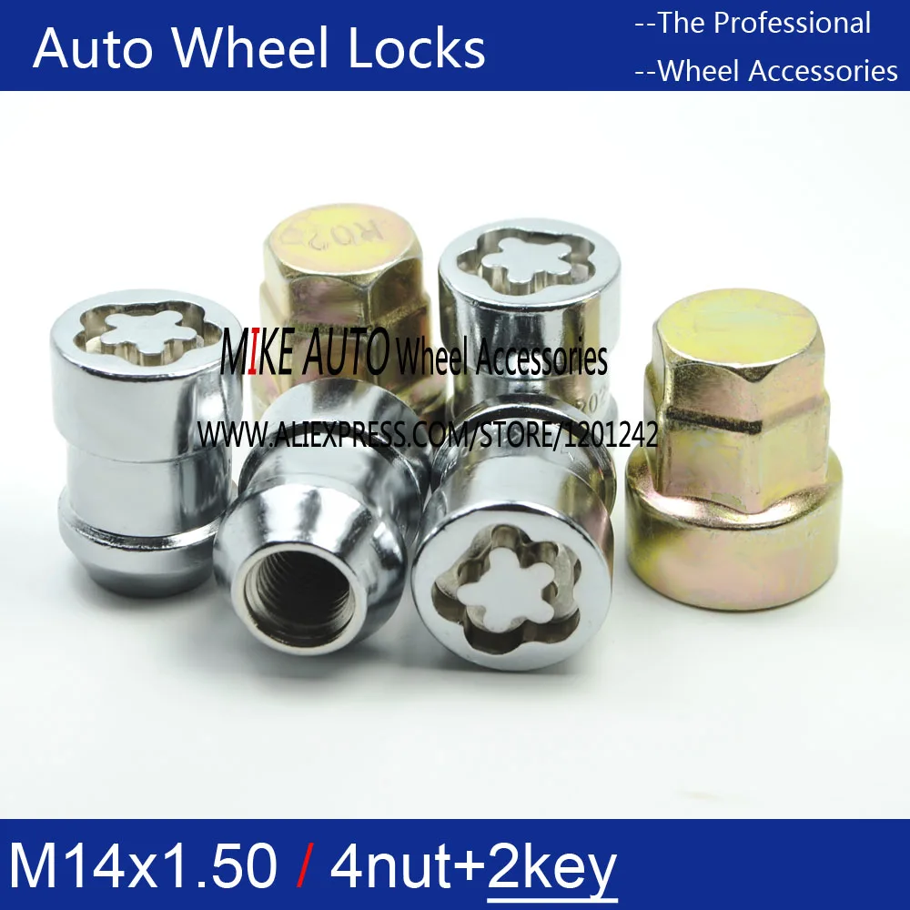 

4NUTS+2KEYS M14x1.5 Chrome Wheel Locks Nut Anti-sheft set security system For Lincoln MKX Ford EDGE MUSTANG F-150 S-MAX