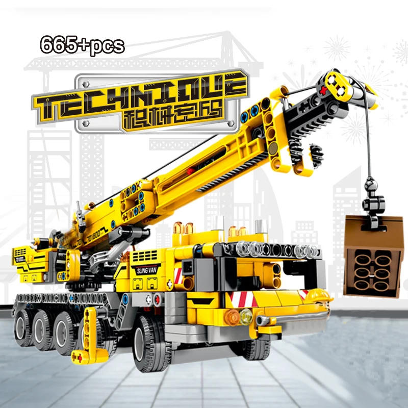 665 шт техника инженерный подъемный кран строительные блоки технические грузовик Строительство Кирпич игрушки для детей