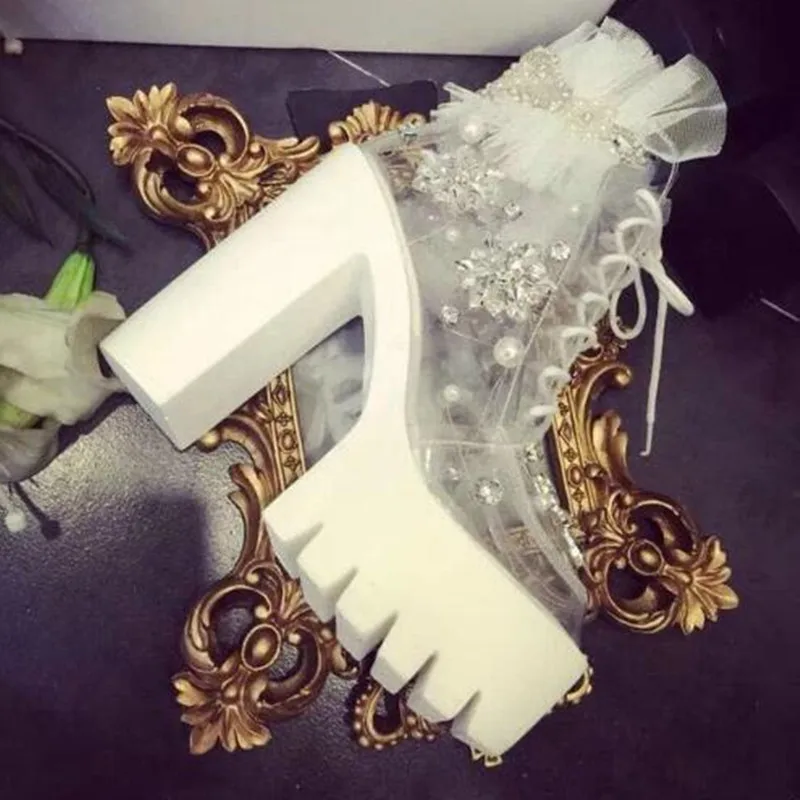 

Handmade Crystal Pearl Beading Ankle Boots For 2018 Woman Sweet Lace Flower Platform High Chunky Heels Pumps Wedding Dress Shoes