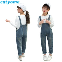 От 5 до 14 лет джинсовый комбинезон для больших девочек; Весенняя детская одежда; хлопковые однотонные джинсовые комбинезоны с карманами; брюки для маленьких детей в стиле ретро подтяжки