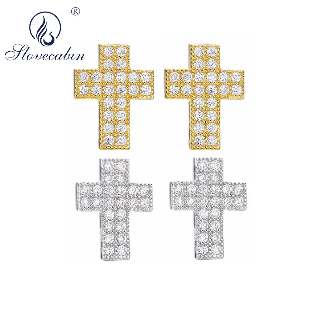 

Slovecabin 925 Sterling Silver Unique Gold Cross Stud Earring Japan Men ATop Quality Clear Crystals CZ Clear Jewelry Women Gift