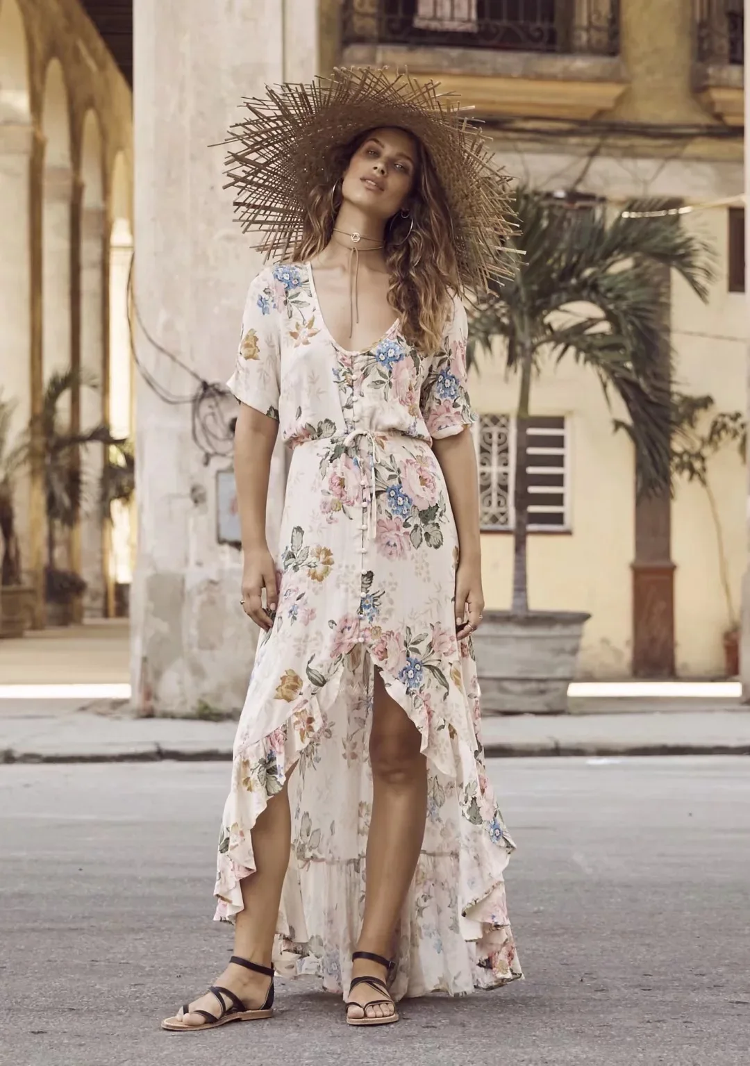 

Women's new summer ruffled printed long dress V-neck short sleeve long maxi dresses flower printing boho holiday dress vestidos
