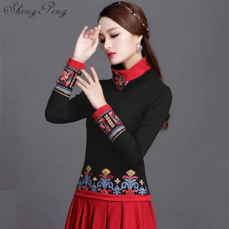 Топ Cheongsam, традиционная китайская одежда, женские топы, Женские топы с длинными рукавами, винтажные топы с вышивкой CC230