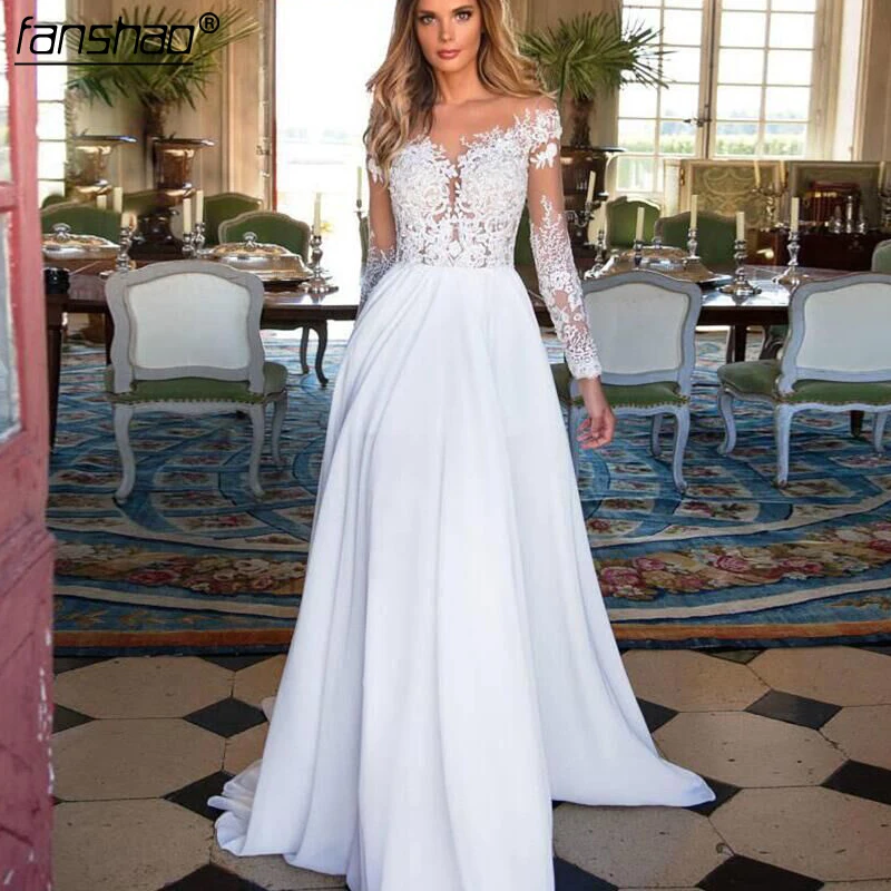 

Vintage Muslim Wedding Dresses Deep-V Long Sleeves Satin Lace Illusion robe de mariee Dubai Arabic Wedding Gown Bridal Dress